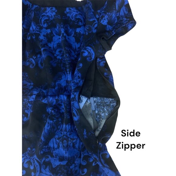 Silence + Noise Blue & Black Damask Pattern Cap Sleeve Dress Side Zipper Size 2 - Picture 4 of 11